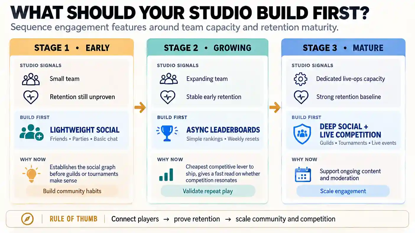 Decision framework for sequencing social and competitive engagement features by studio stage.