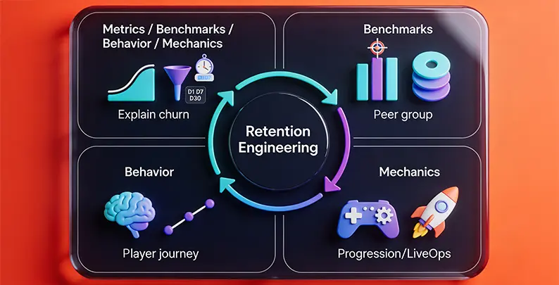 Four-part framework infographic showing Metrics, Benchmarks, Behavior, and Mechanics connected in a loop