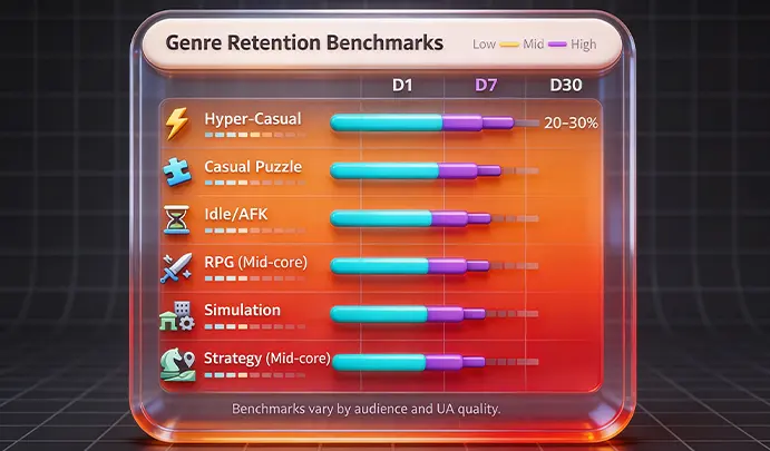 Benchmark table comparing D1, D7, and D30 retention across major mobile game genres