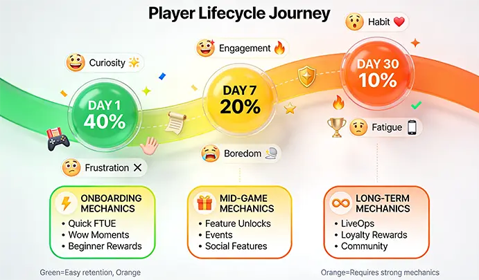Flow diagram showing player journey from Day 1 to Day 30 with emotions, drop-off points, and retention mechanics