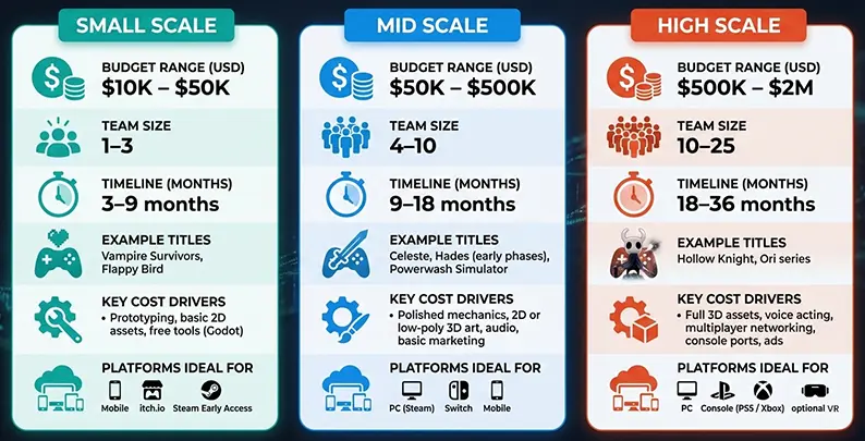 Infographic comparing game development costs and timelines across small, mid, and high scales for indie and B2B studios
