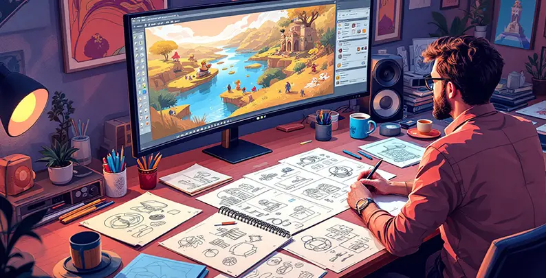 Studio art director evaluating digital portfolio of a game artist
