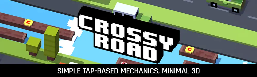 Crossy Road shown as a simple Unity game example, illustrating low-complexity Unity game development and basic art style requirements.