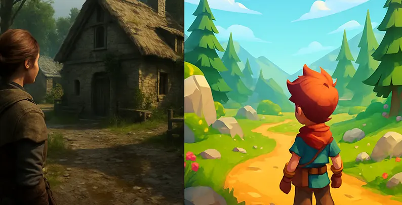 Image comparing photorealistic and stylized art styles in Unreal Engine game development