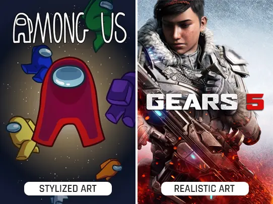 Comparison image showing Among Us with stylized art and Gears 5 with realistic art made using Unreal Engine