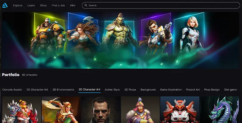 Screenshot of a professional game art portfolio displayed on ArtStation 