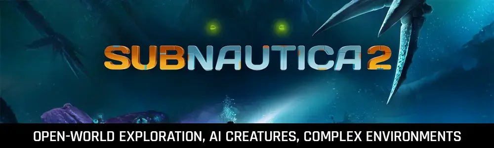 Subnautica shown as an advanced 3D AR/VR game, featuring complex environments, immersive mechanics, and high-end visual design.
