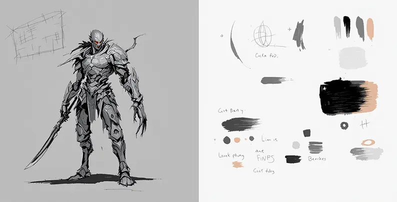 Side-by-side comparison of concept art and 3D character model 
