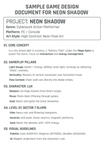 Game design document showing stages of game development for a cyberpunk action platformer, including concept, gameplay pillars, character design, and level planning.