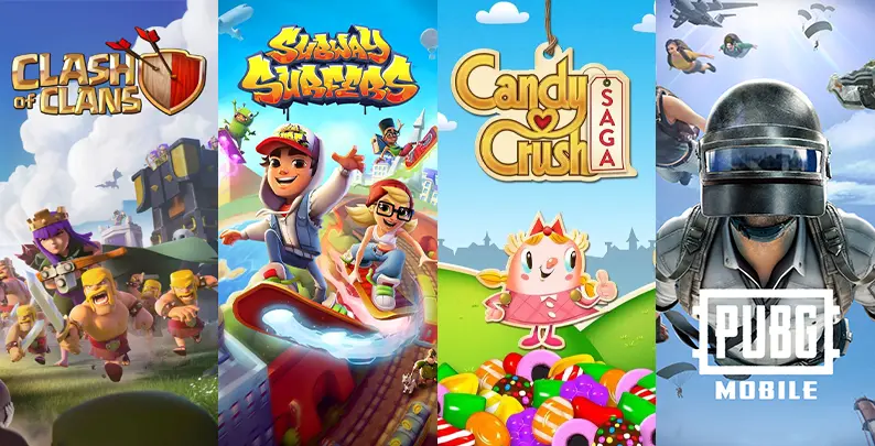 Popular mobile games like Clash of Clans, Subway Surfers, Candy Crush, and PUBG Mobile with different mobile game monetization models.