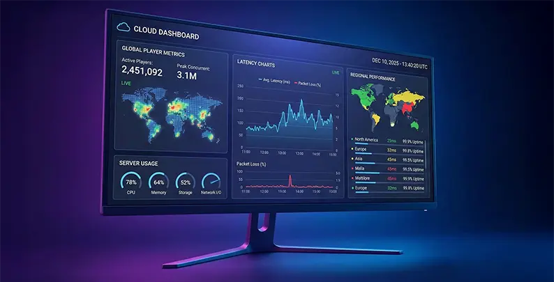 Cloud dashboard with game performance and player engagement metrics 