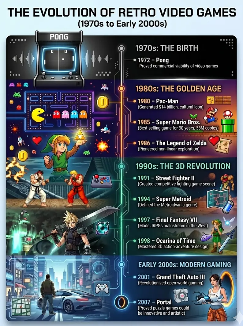 Timeline of Influential Retro Video Games (1970s–Early 2000s)