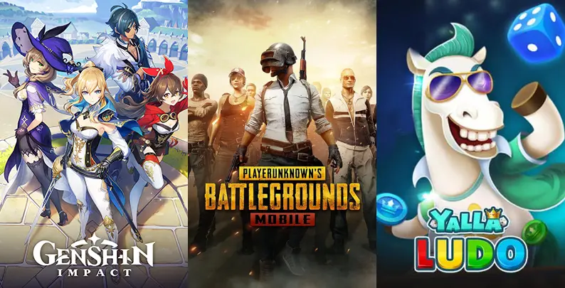 Collage featuring Genshin Impact, PUBG, and Yalla Ludo mobile games popular in the UAE