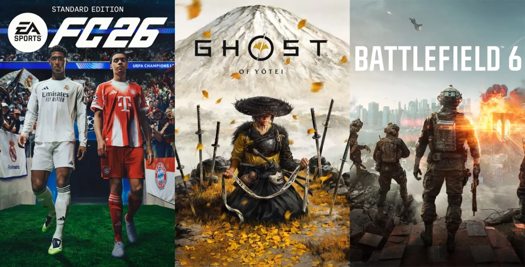 Collage showing EA Sports FC 26, Ghost of Yotei, and Battlefield 6, the most popular video games played in France right now