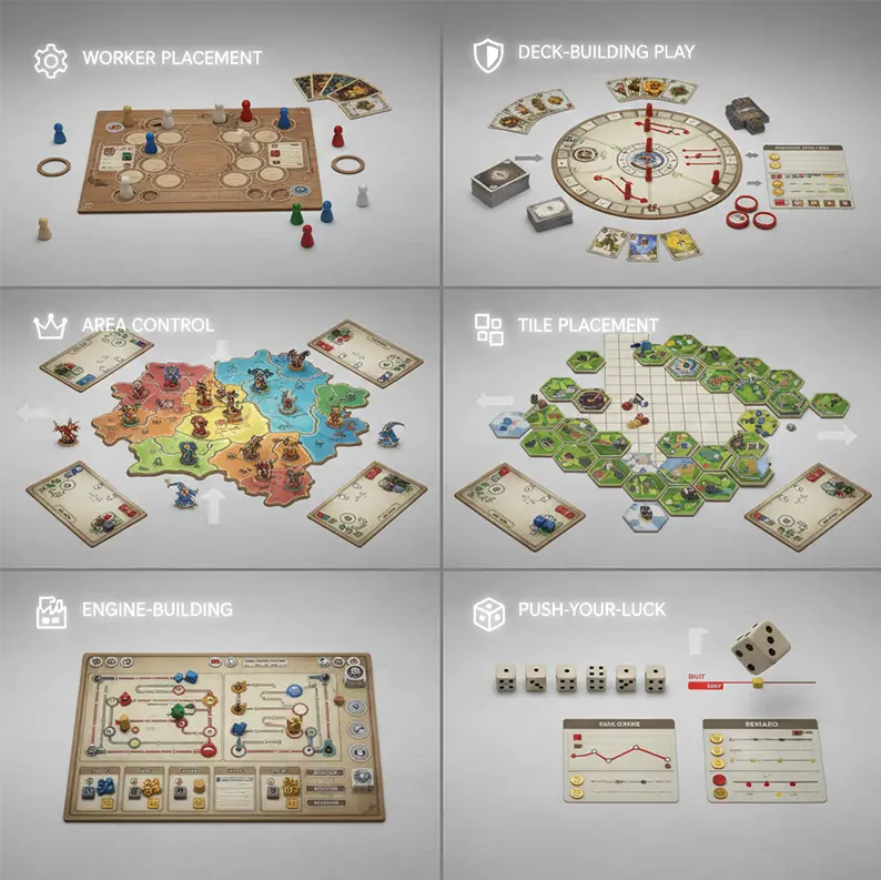 Different types of board games categorized by gameplay mechanics 