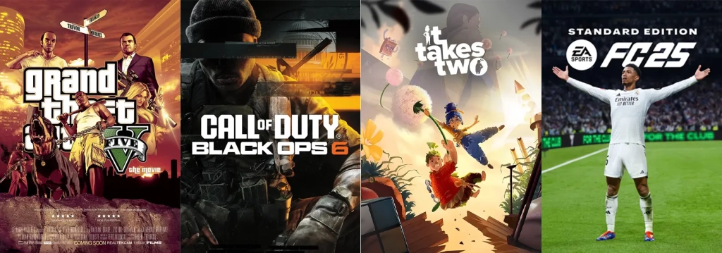 Collage of Grand Theft Auto V, Call of Duty Black Ops 6, It Takes Two, and EA Sports FC 25 gameplay popular in Australia