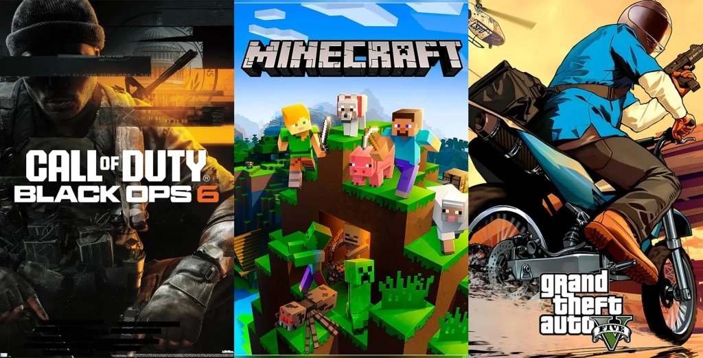 Collage featuring Call of Duty Black Ops 6, Minecraft, and Grand Theft Auto V, among the most popular video games in France