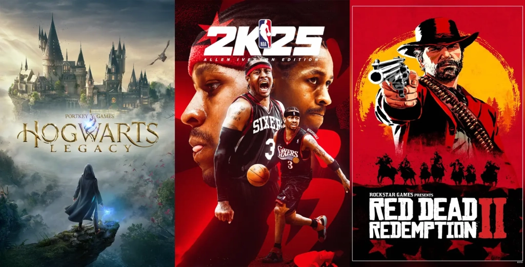 Collage featuring Hogwarts Legacy, NBA 2K25, and Red Dead Redemption 2 gameplay scenes