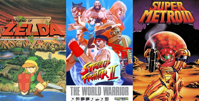 Classic 1990s Retro Games: The Legend of Zelda, Street Fighter II, and Super Metroid 