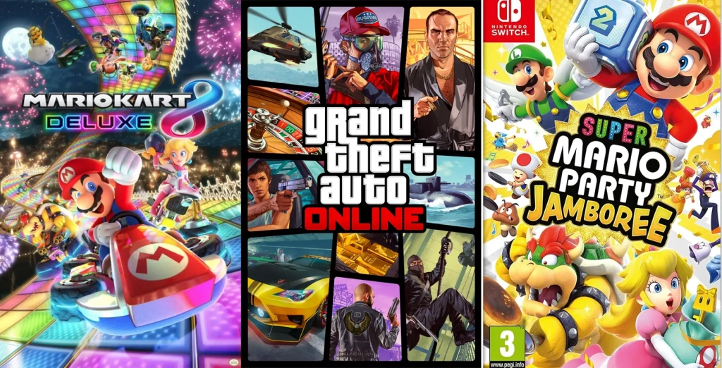 Collage of Mario Kart 8 Deluxe, Grand Theft Auto Online, and Super Mario Party Jamboree gameplay