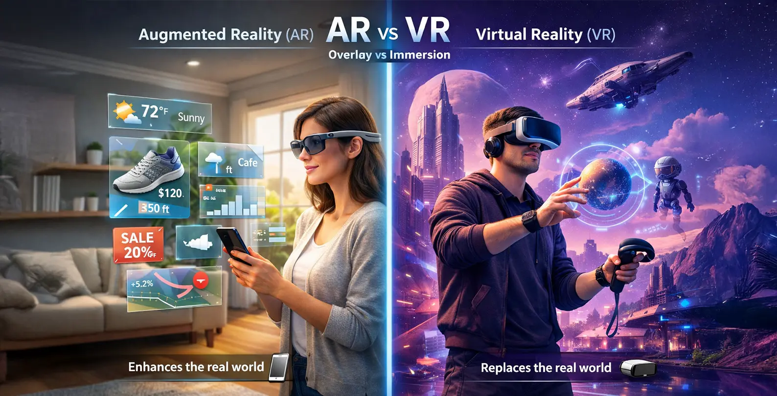 Split-screen AR vs VR comparison showing augmented reality overlays in a real-world setting and fully immersive virtual reality environment with headset user. 