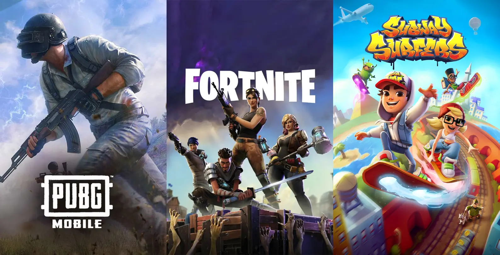Collage showing PUBG Mobile, Fortnite, and Subway Surfers gameplay screenshots 