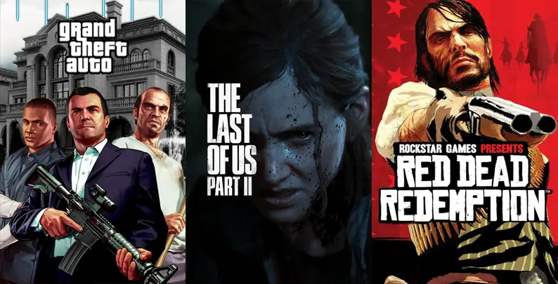 Collage of Grand Theft Auto, The Last of Us Part II, and Red Dead Redemption banned games in the UAE 