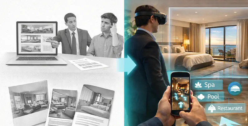 Comparison of static hotel marketing and immersive AR VR hospitality experience