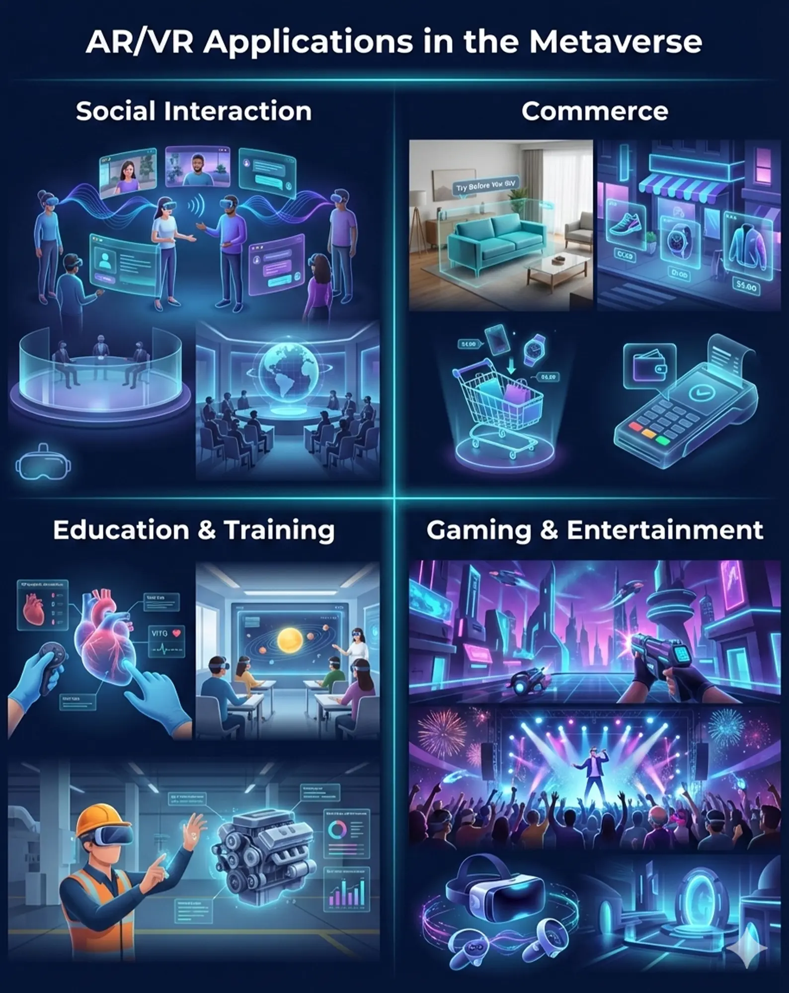 2x2 grid infographic showing AR/VR applications in the metaverse: Social Interaction, Commerce, Education & Training, and Gaming & Entertainment. 