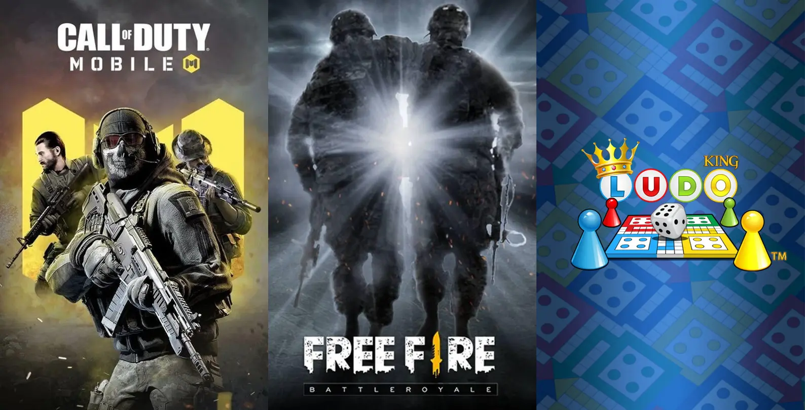 Collage of Call of Duty Mobile, Free Fire, and Ludo King game interfaces 