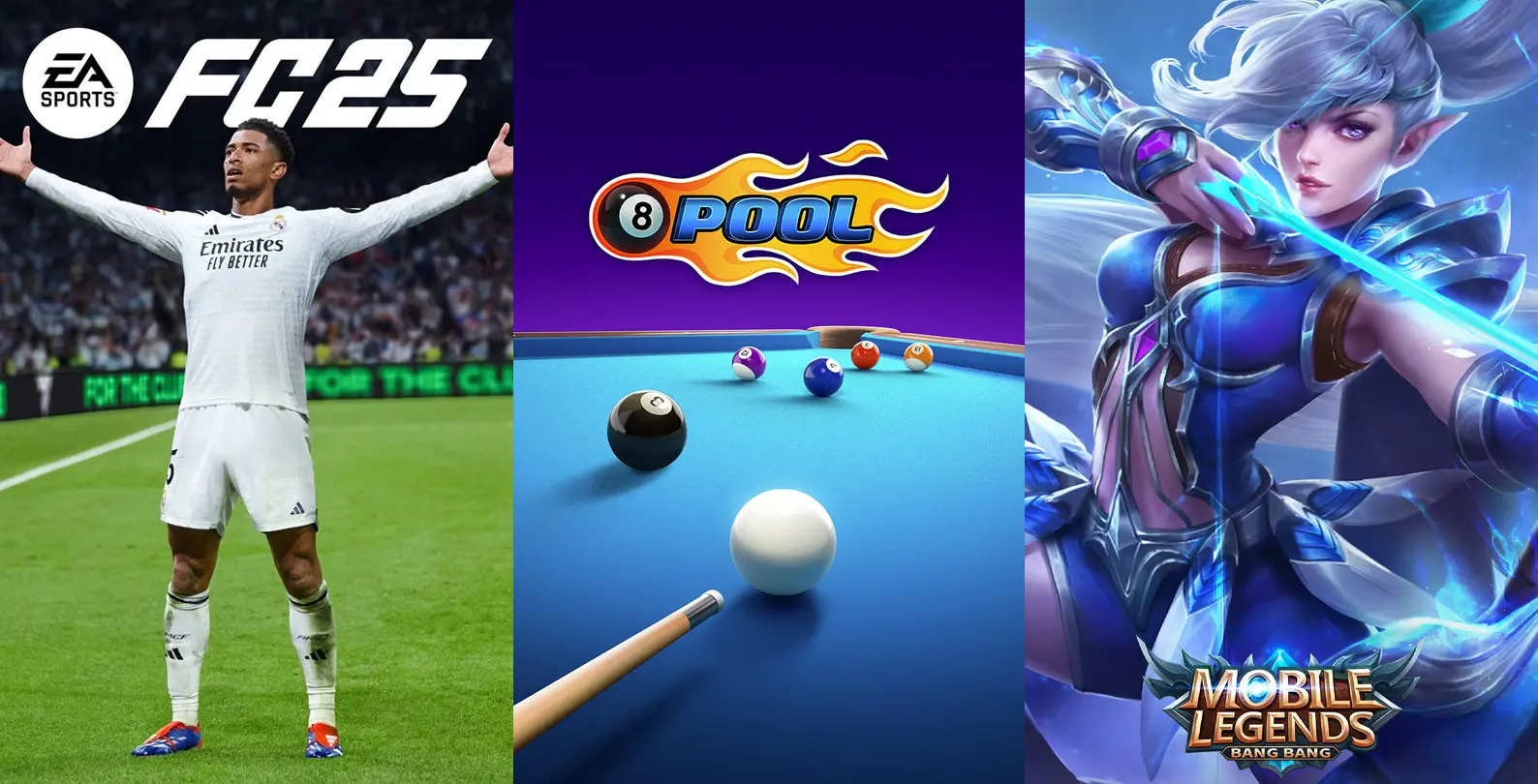 Collage featuring EA Sports FC Mobile, 8 Ball Pool, Valorant, and Mobile Legends 