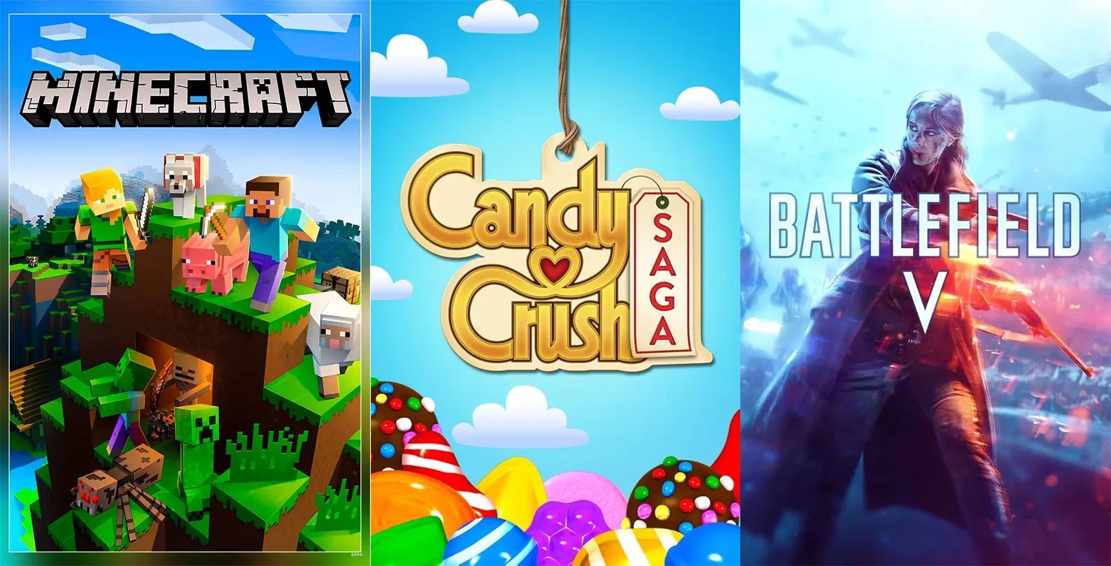 Collage of Minecraft, Candy Crush Saga, and Battlefield game covers, all developed in Sweden 