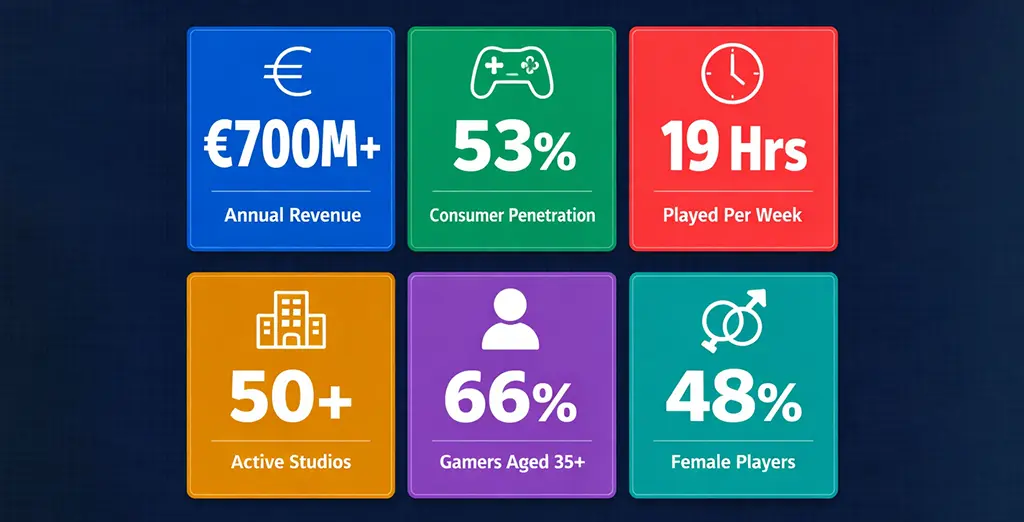 Infographic showing key statistics of the Ireland gaming market including €700M revenue, 53% penetration rate, and 50+ studios 