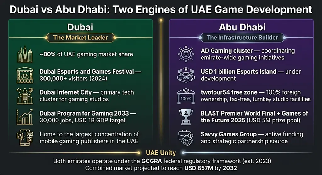 Side-by-side comparison infographic of Dubai and Abu Dhabi's roles in the UAE gaming and interactive game development ecosystem