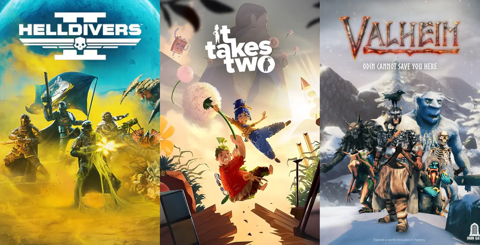 Collage of Helldivers 2, It Takes Two, and Valheim game covers, developed by Swedish studios 