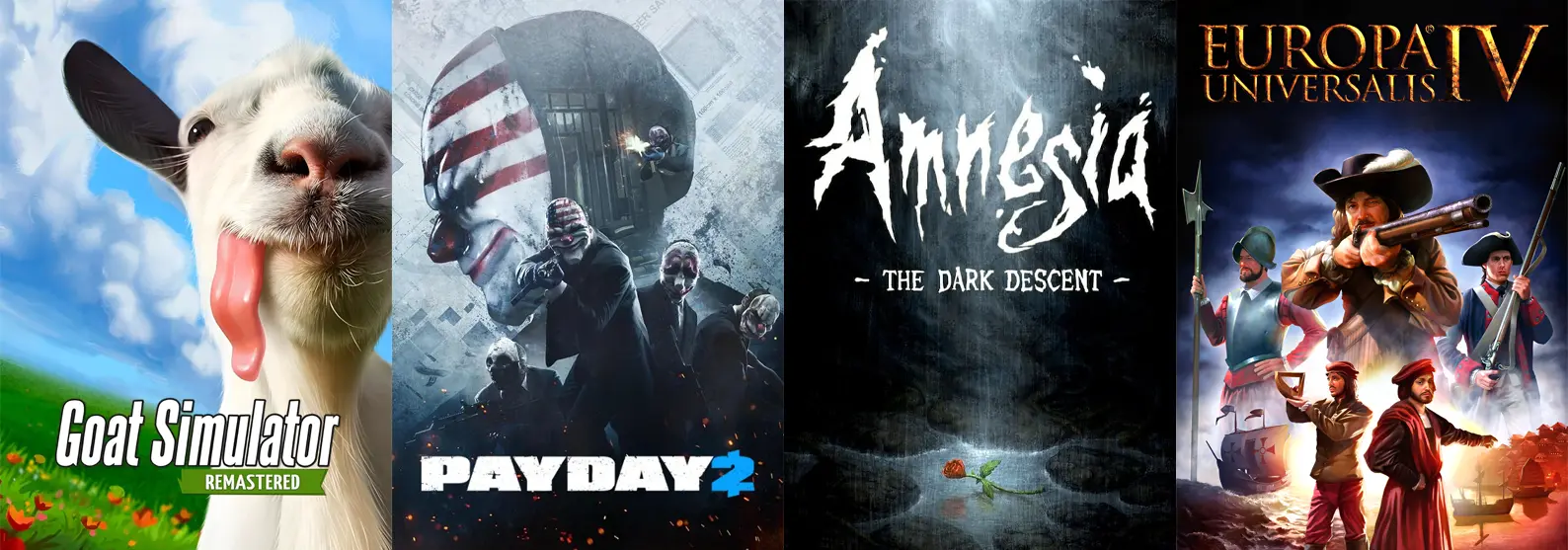Collage of Goat Simulator, Payday 2, Amnesia The Dark Descent, and Europa Universalis IV, all made by Swedish game developers 