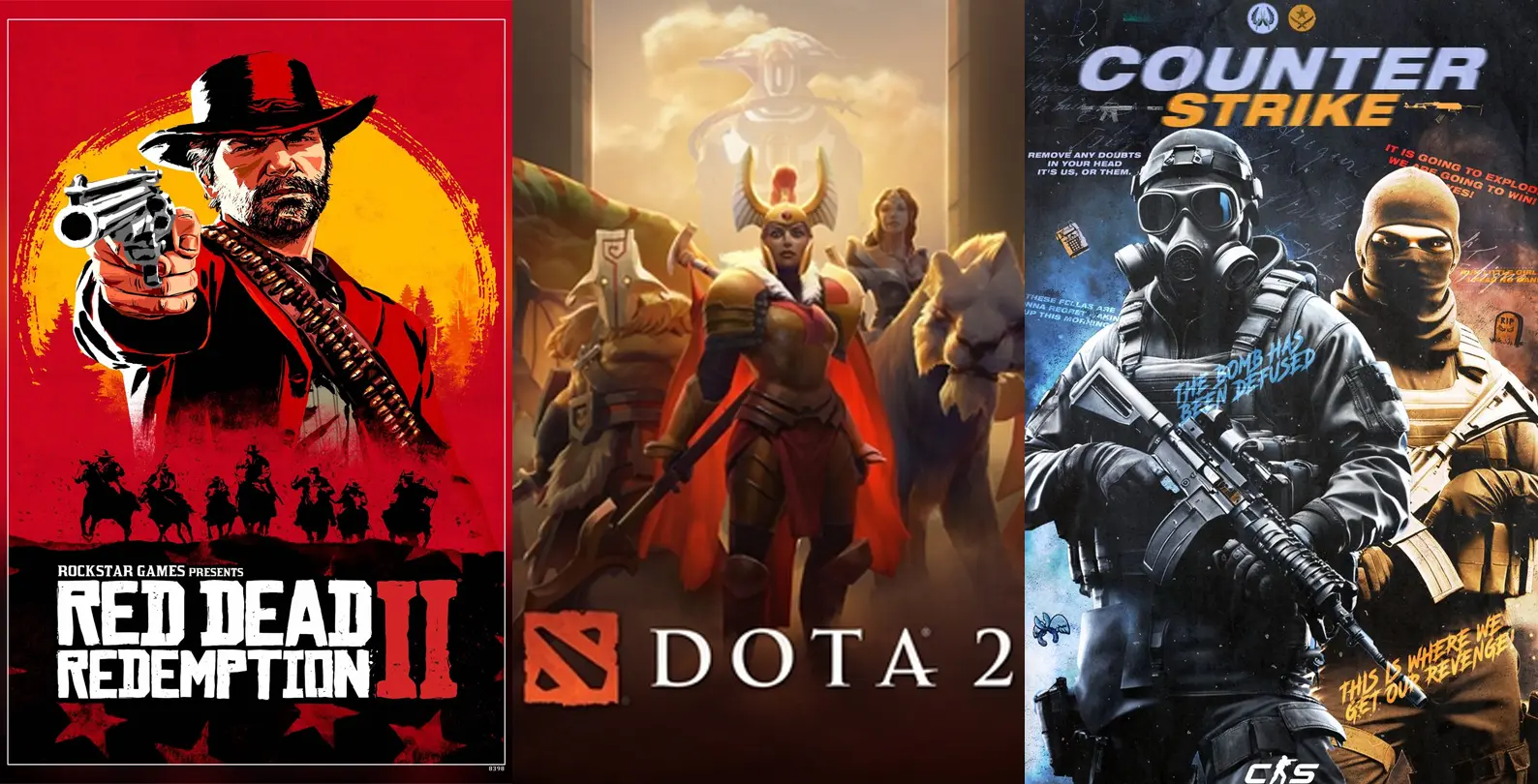 Collage of Red Dead Redemption II, Dota 2, and Counter-Strike game covers popular among Swedish players 