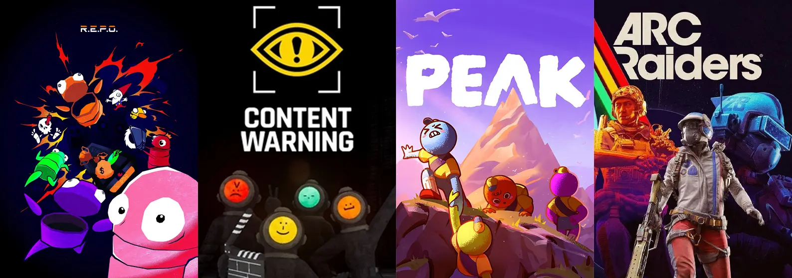 Collage of R.E.P.O., Content Warning, Peak, and ARC Raiders, recent breakout games developed in Sweden 
