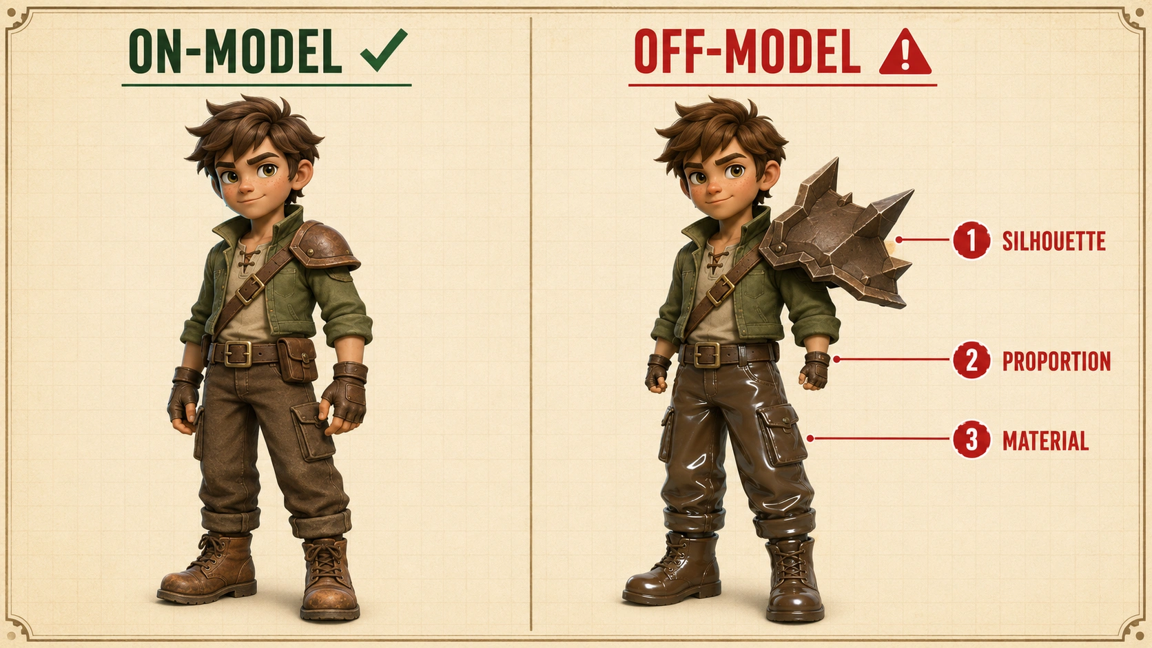 Side-by-side character art comparison showing an on-model game character next to an off-model version, with silhouette, proportion, and material deviations labeled.