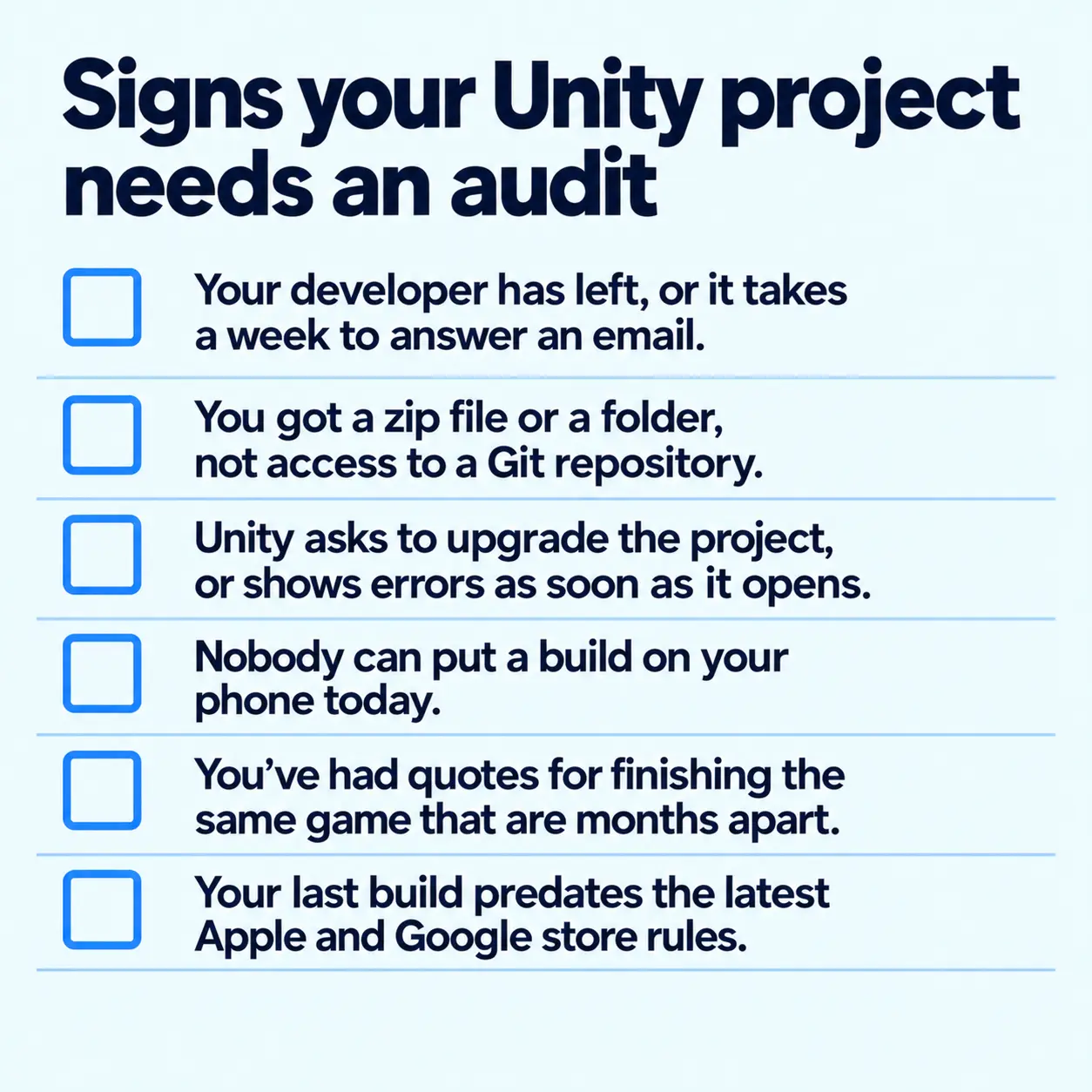 Checklist of six signs a Unity project needs a code audit, including a departed developer, no Git access, upgrade errors, no working build, wide quote gaps and outdated store builds